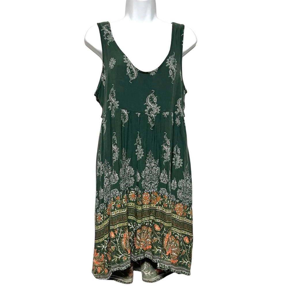 O'Neill Olive Green Paisley Tank Dress Lace Up Back Size Large Beach Coverup